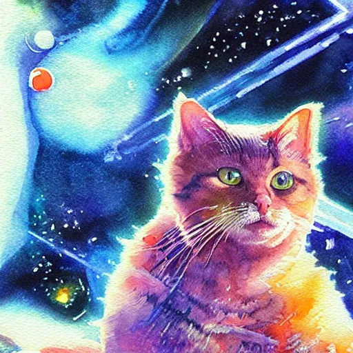 Prompt: cat doing mathematics in space. watercolor. amazing painting. high resolution. highly realistic. cool tones. close - up. 8 k. trending on artstation.