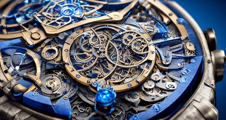 Image similar to complex 3 d render of a futuristic steampunk watch lying on a table, high detail, sharp focus, glowing blue interior components, intricate detail, depth of field, bokeh, cinematic lighting and composition, octane render, film grain, ulysse nardin