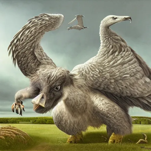 Image similar to wide-shot low-angle view of hippogriff highly detailed, sharp focus, digital painting, oil painting, artwork, museum work, by Robert Bateman, by Carl Brenders,