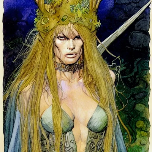 Image similar to a realistic and atmospheric watercolour fantasy character concept art portrait of brigitte bardot as a druidic warrior wizard looking at the camera with an intelligent gaze by rebecca guay, michael kaluta, charles vess and jean moebius giraud