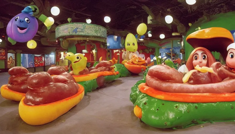 Image similar to 1990s photo of inside the Slime Friends Snow Potato Show ride at Universal Studios in Orlando, Florida, riding a hotdog through a dinner plate world, cinematic, UHD