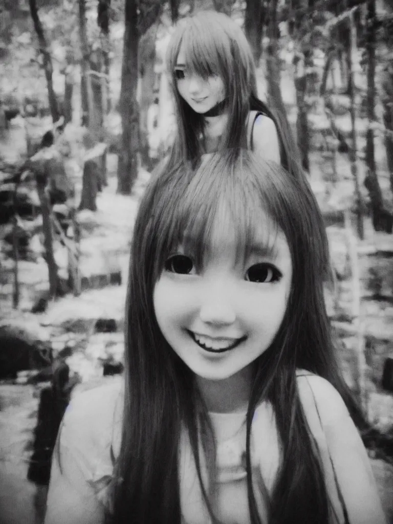 Prompt: grainy cheap disposable camera footage of an anime girl spotted in real life, off center, at an angle, found footage, photorealistic, creepy uncanny valley, vignette, polaroid, smiling