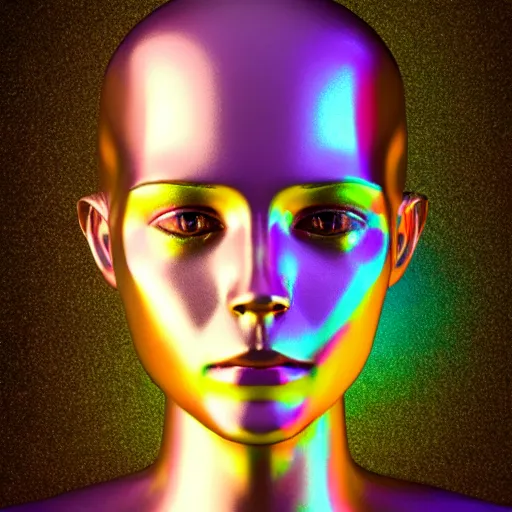 Image similar to 3d render of holographic human robotic head made of glossy iridescent, surrealistic 3d illustration of a human face non-binary, non binary model, 3d model human, cryengine, made of holographic texture, holographic material, holographic rainbow, concept of cyborg and artificial intelligence