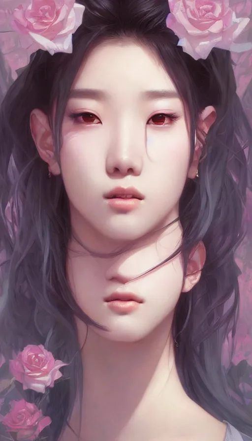 Image similar to portrait of kpop idol, dreamy and ethereal, expressive pose, fierce expression, intricate, rose tones, highly detailed, digital painting, artstation, concept art, smooth, sharp focus, illustration, art by artgerm and greg rutkowski and alphonse mucha