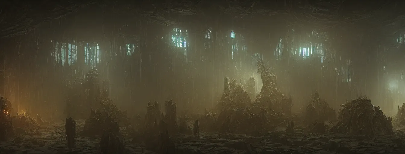 Image similar to dark fantasy biomachanical space ship interior, inside the torture chamber, undead alien guard figures, ethereal, ominous, dramatic cinematic lighting, volumetric 8 k, cryengine, by greg rutkowski, h. r. giger and zdizslaw beksinski, elden ring