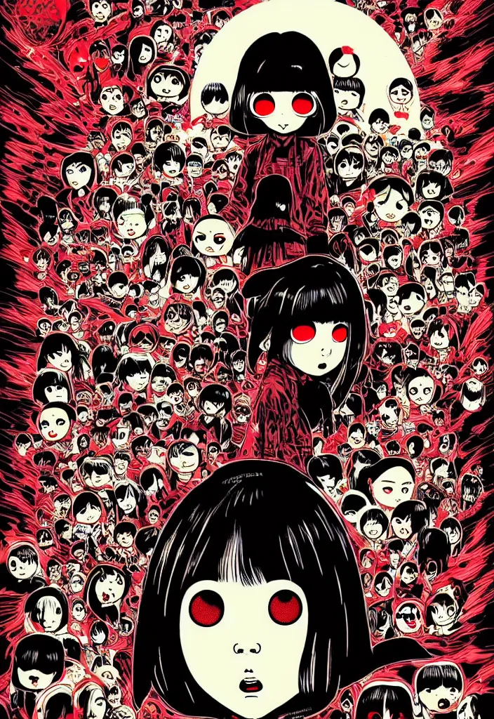 Prompt: a comic book style japanese horror poster of girl with large eyes by dan mumford, yusuke murata and junji ito, blood lines, yokai, shinigami, eyes,shurikens, kanji, 8k, unreal engine, trending on artstation, pixiv, intricate details, volumetric lighting