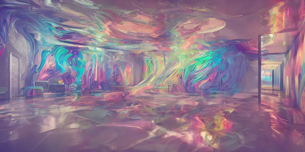 Prompt: a modern indoor room full of insane detailed colorfull smoke, clean architecture, pictures in the wall, flying soap boubles pastel colored, intricate detailed 3 d render, hyper realistic intricate acrilic fluid art, intense colors, wide shot, octane render, concept art, daylight, peaceful, 8 k