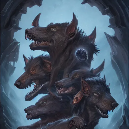 Prompt: three headed hellhound, hell background, cerberus monster, epic fantasy style, in the style of Greg Rutkowski, hearthstone artwork