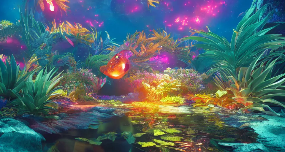 Prompt: a beautiful painting of a dreamscape fish pineapple, octane render, brilliantly coloured, intricate, ultra wide angle, trending on artstation, dusk, volumetric lighting, polished, micro details, ray tracing, 8k