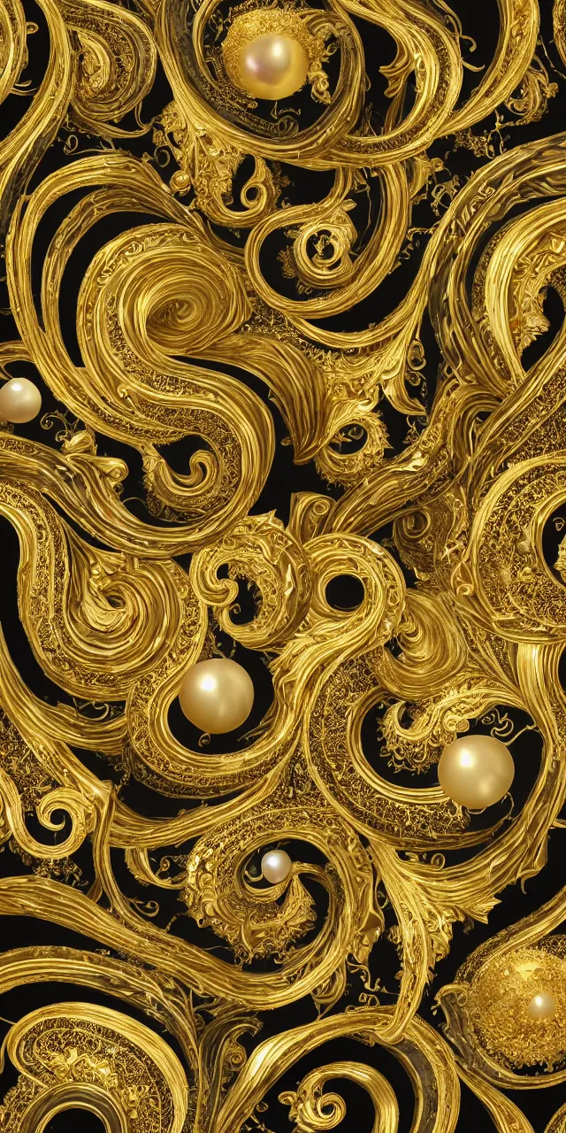 Image similar to subsurface scattering, seamless 3 d baroque gold and black pattern, beautiful dynamic shadows, gold silver iridescent pearls and swarovski crystals, symmetrical, rococo elements, damask pattern, swirls and spirals, dolce and gabanna, michelangelo, iris van herpen artstation, versace pattern, concept design art, octane render, 8 k