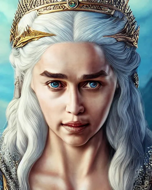 Prompt: Daenerys Targaryen with a piercing gaze and wearing a creative bikini as the queen of Atlantis in atlantis, highly detailed face, realistic face, beautiful detailed eyes, fantasy art, in the style of JAMES MCCARTHY, illustration, epic, fantasy, intricate, hyper detailed, artstation, concept art, smooth, sharp focus, ray tracing, vibrant, photorealistic