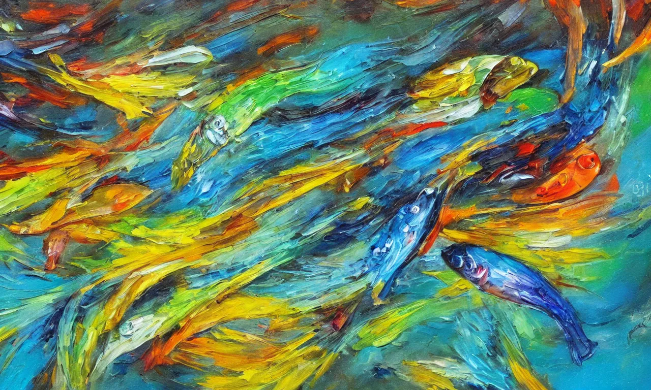 Prompt: painting of splashing water, small fish, representation with abstraction, frenetic oil painting, values as flat shapes, pastel color pallet,