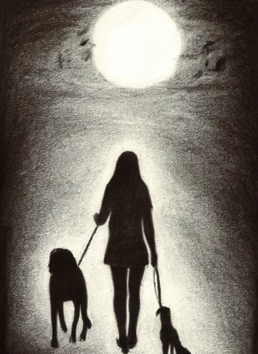 Image similar to young brown woman walking her dog in a park at night with a full moon charcoal drawing