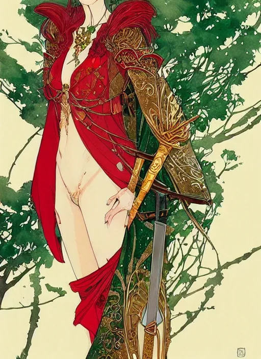 Image similar to beautiful elven queen in red green gold dress, detailed portrait, wearing kimono armor, sword, by conrad roset, takato yomamoto, jesper ejsing, beautiful