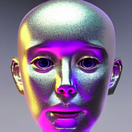 Image similar to 3d render of holographic human robotic head made of glossy iridescent, surrealistic 3d illustration of a human face non-binary, non binary model, 3d model human, cryengine, made of holographic texture, holographic material, holographic rainbow, concept of cyborg and artificial intelligence