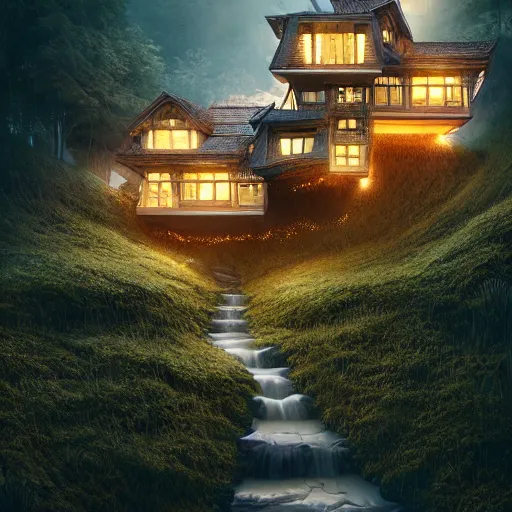 Image similar to small hillside house made of honey and milk, modern lighting, hyper - realistic, hyper - detailed, 8 k, octane rendered, art nouveau, organic, flowing, impossible torsion, writhing, dusk, lush, dynamic, in the style of ross tran