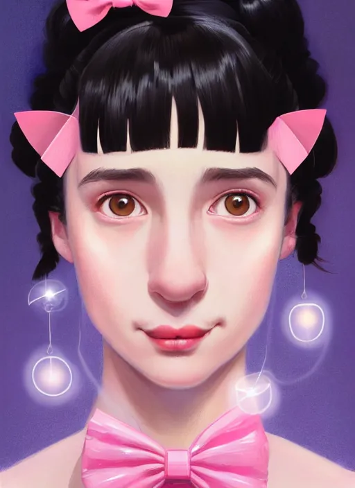 Image similar to portrait of high school girl, realistic, black hair, bangs, half updo hairstyle, pointy nose, skinny, smile, ugly, defined jawline, big chin, pink hair bow, earrings, intricate, elegant, glowing lights, highly detailed, digital painting, artstation, sharp focus, illustration, art by wlop, mars ravelo and greg rutkowski