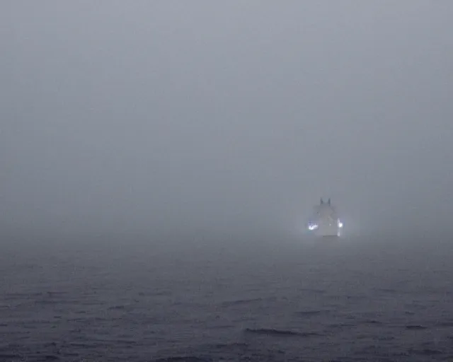 Image similar to photo of a big ship on a stormy ocean, cthulhu's silhouette in the back hidden in the fog, coming closer