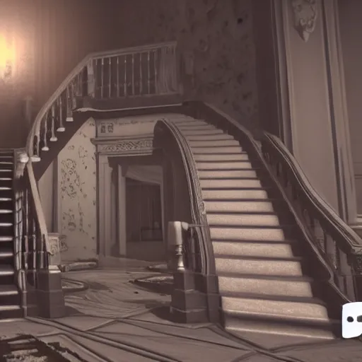 Prompt: inside a haunted mansion, large staircase, dark shadows, moonlight, realistic, unreal engine