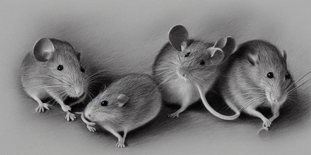 Image similar to a beautiful pencil drawing of exactly two!!!!! cartoon mice; masterpiece; extremely highly detailed; ultra-realistic; trending on artstation