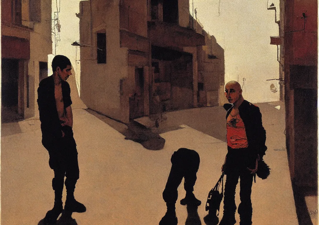 Prompt: a punk latino skinhead following a watchful light through the streets of a city, muted color scheme, sparse detail, by george luks, joan miro and moebius