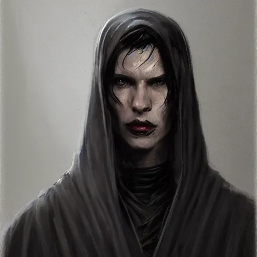 Image similar to portrait of a man by greg rutkowski, sith kinght, he looks like a vampire, long black messy hair, very tall and slender, star wars expanded universe, wearing black robes, he is about 3 0 years old, highly detailed portrait, digital painting, artstation, concept art, smooth, sharp foccus ilustration, artstation hq