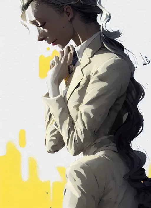 Image similar to highly detailed closeup portrait of beautiful portia doubleday, blonde wavy hair, angela moss, white suit by atey ghailan, by greg rutkowski, by greg tocchini, by james gilleard, by joe fenton, by kaethe butcher, gradient yellow, black and white color scheme, grunge aesthetic!!! ( ( graffiti tag wall background ) )