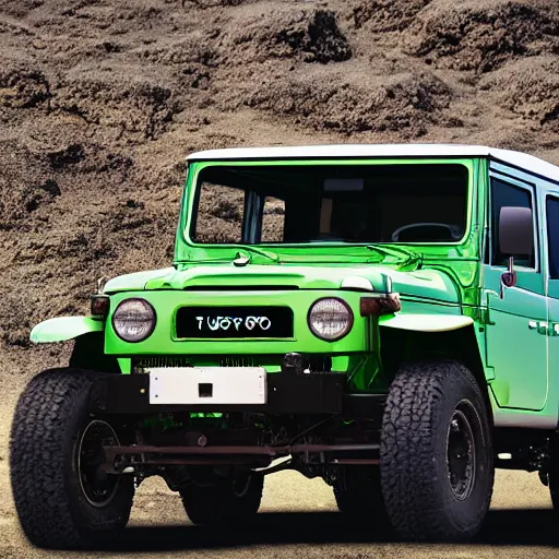 Image similar to closeup of a green Toyota Fj43 build in 1981, traveling through the mountains, black roof, with a roof rack, detailed, 8K, octane render, 8K,