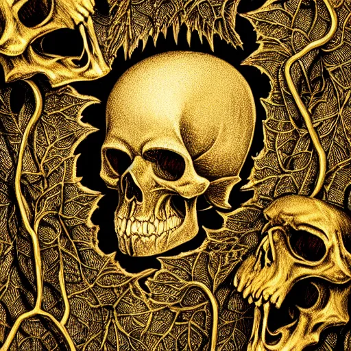 Image similar to chiaroscuro Still life photo of ray of light shining on golden skull completely etched with detailed and intricate ancient rune symbols, and overtaken by plant ivy filigree, in a Vast jungle background, by ayami kojima