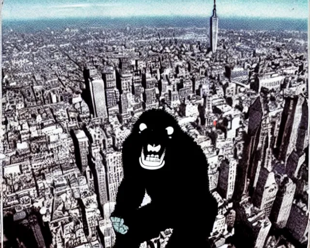 Image similar to anime king kong climbing the empire state building with bi-planes flying around him