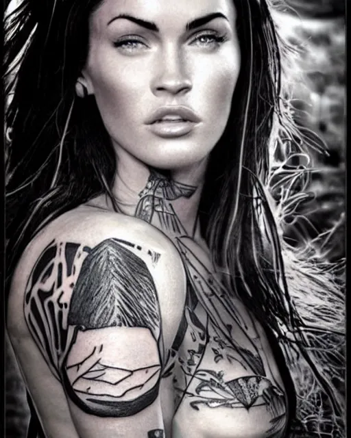 Image similar to realism tattoo design sketch of megan fox blended with beautiful mountain scenery, in the style of dan mountford, double exposure photography, hyper realistic, amazing detail, black and white
