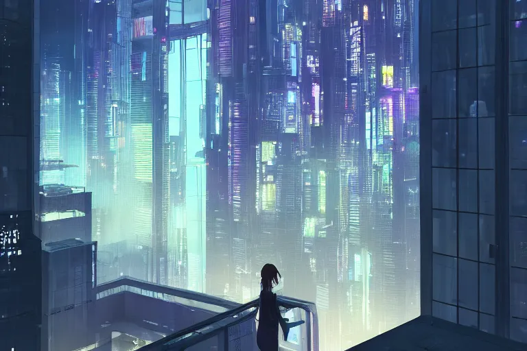 Prompt: looking outside through the glass wall of a penthouse suite at the top of the highest skyscraper in the middle of a clean and futuristic cyberpunk city at night, very detailed, beeple, makoto shinkai, trending on artstation