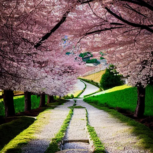 Image similar to stone path through a cherry blossom filled valley leading to a monastery. adult swim, minimalistic