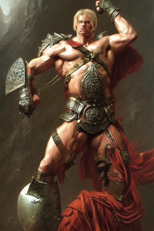 Image similar to a powerful and muscular male warrior , half body portrait, blond hair, ornate armour, realistic oil painting by Thomas Cole and Wayne Barlowe and Boris Valejo