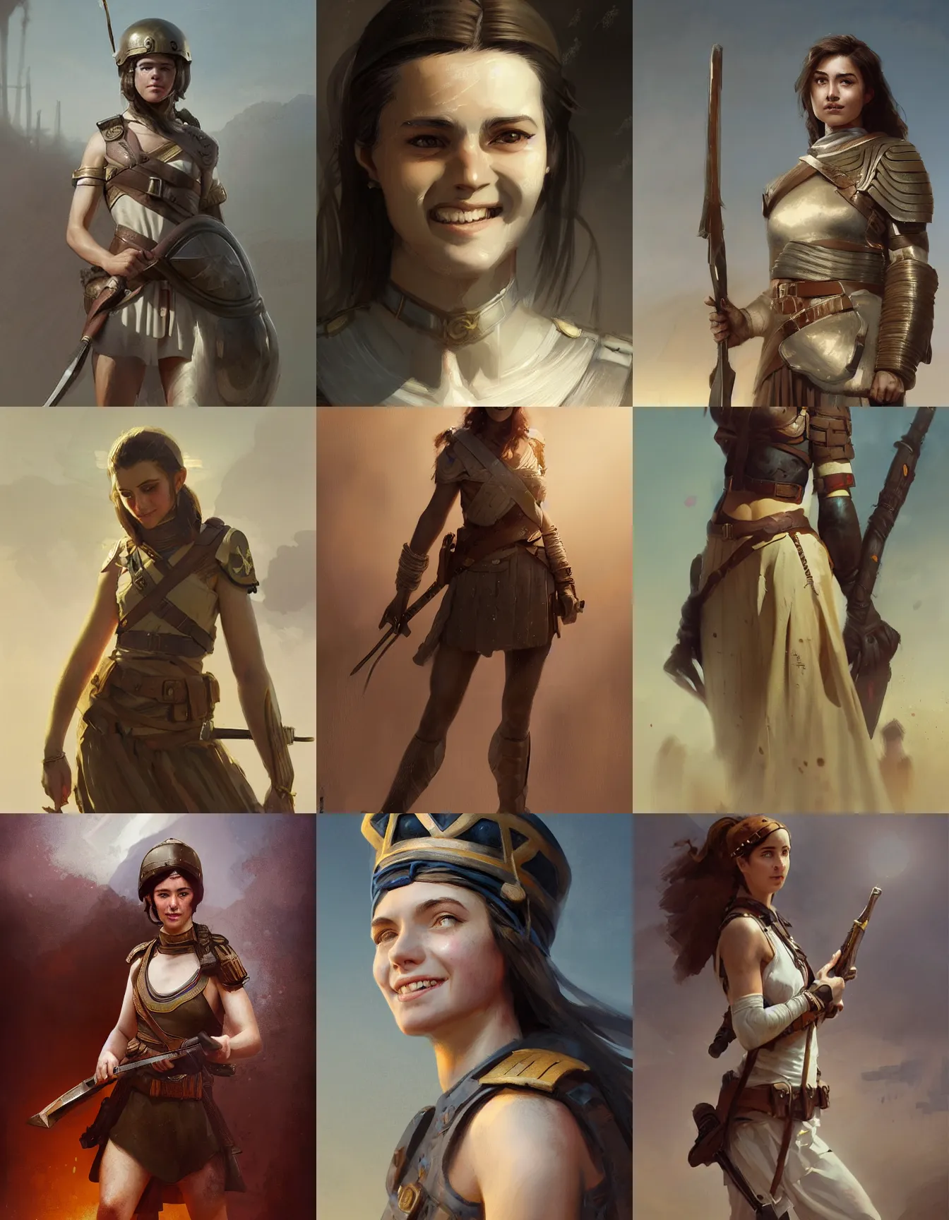 Prompt: young female ancient greek soldier, smiling, digital portrait by greg rutkowski, intricate, soft focus, highly detailed, cinematic, epic, artstation