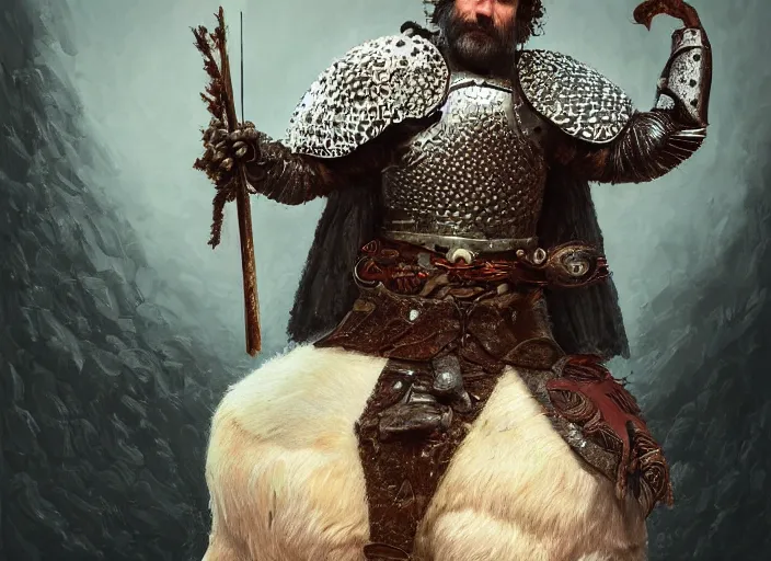 Image similar to digital painting of joaquin phoenix wearing armor made of animals, cow horns, pig nose, sheep wool, chicken feather armor, majestic, by anna podedworna and miklos ligeti, diego maricato, taran fiddler, antonino truisi, chris reddie, jinsung lim, on artstation