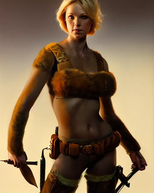 Image similar to full body character art of female huntress, pretty face, short blonde hair, by james gurney, volumetric lighting, detailed, oil painting