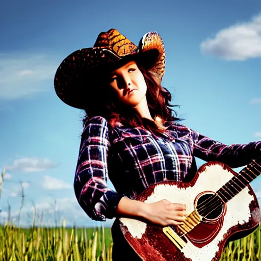 Image similar to a female fluffy fox animal, wearing cowboy hat, wearing plaid shirt, playing guitar, in a field, barn in background, album cover style