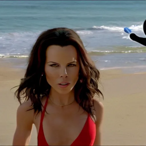 Image similar to Mickey Mouse staring at Kate Beckinsale on the beach, she is annoyed,