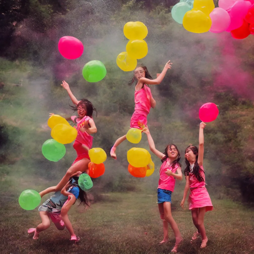 Image similar to editorial photo of two girls throwing water balloons at each other, long exposure, 15mm sigma, kodachrome