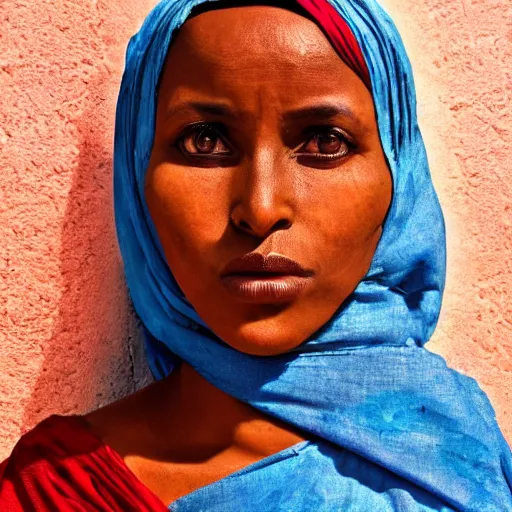 Image similar to a vintage image of a somali woman, on a painterly background, somali attire, beautiful, dreamy, pastel, digital, photo realistic, detailed face, sharp focus