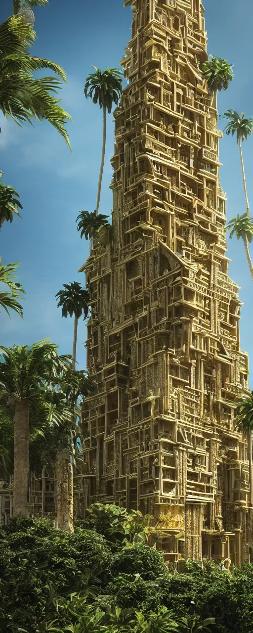 Image similar to maquette of eye level view of a contemporary tower, golden intricate details, stone facade, sacred architecture, hanging gardens, cascading highrise, arid mountains with lush palm forest, photorealistic, sunlight, 8 k, post - production, octane, cgi, sfx