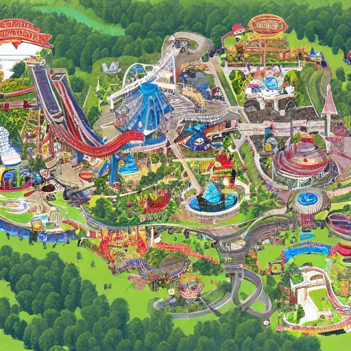 Prompt: theme park map, aerial view, illustration