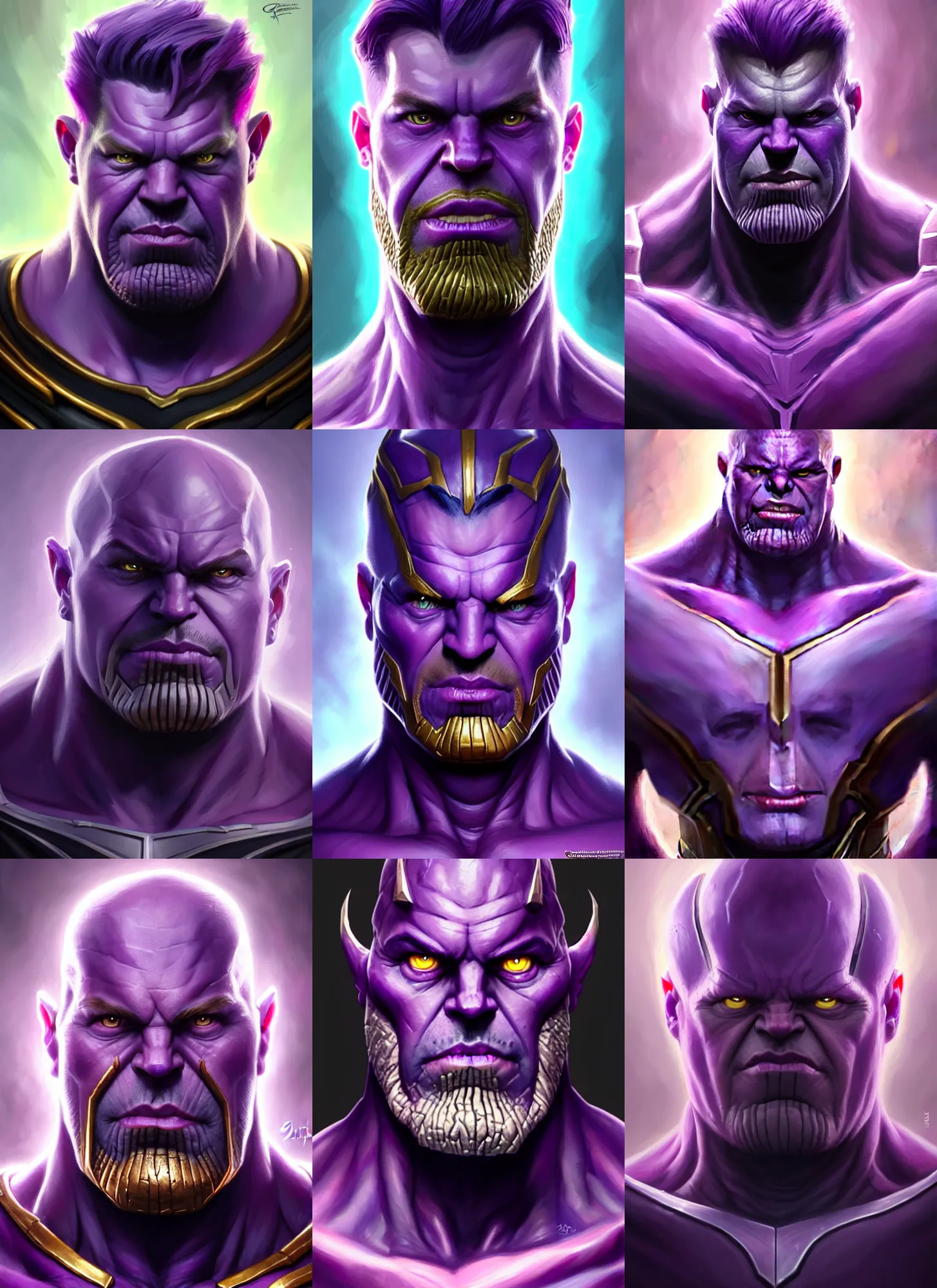 Prompt: a fantasy style portrait painting a character if volodymyr zelensky and thanos had a son, purple skin, powerful chin, thanos style traits, painting, unreal 5, daz., rpg, portrait, extremely detailed, artgerm greg rutkowski _ greg