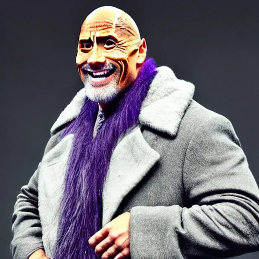 Image similar to dwayne johnson as an old druid wizard, bald, bushy grey eyebrows, long grey hair, disheveled, wise old man, wearing a grey wizard hat, wearing a purple detailed coat, a bushy grey beard, sorcerer, he is a mad old man, laughing and yelling