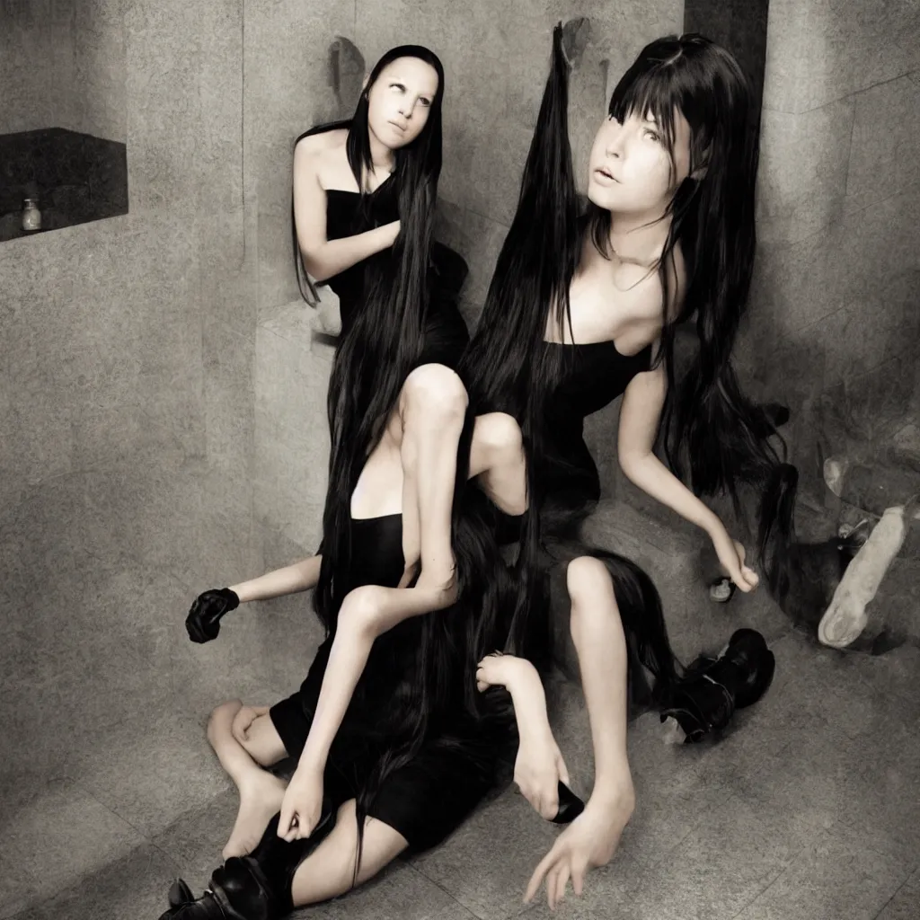 Image similar to photo of young girl with straight long black hair wearing black dress and sitting on bathroom floor, photo made by mario testino and vanessa beecroft, render by artgem for capcom co, resident evil