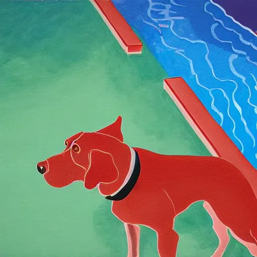 Image similar to close-up of a red dog at pool, painting by david hockney