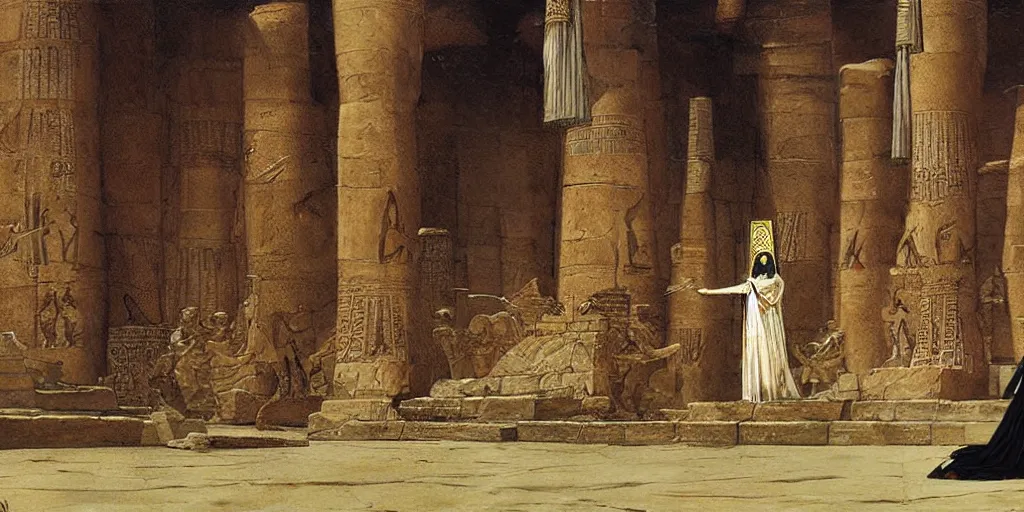 Prompt: the archpriestess stands before the crowd of worshippers at the daïs of the great sandstone temple of Sobek-Ra all decorated in emerald and silver, painting by Jean-Léon Gérôme