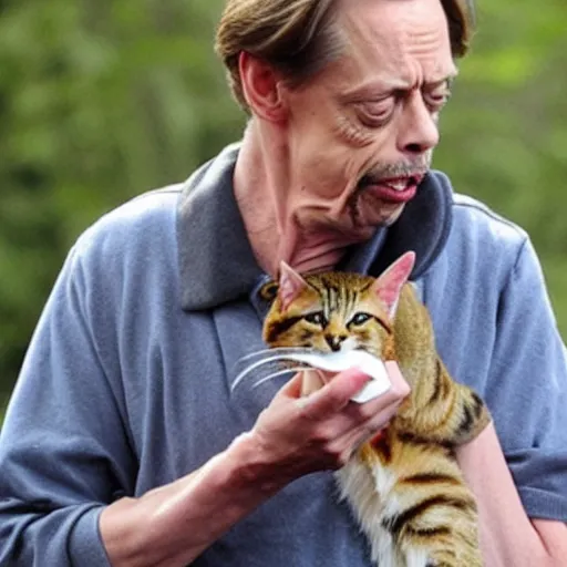 Image similar to a tmz photo of steve buscemi eating a cat