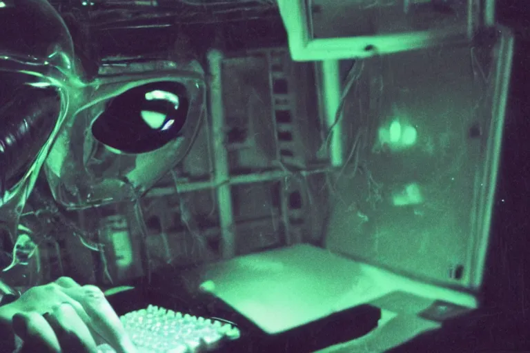 Image similar to alien using a computer to check her email submerged in translucent goo, over the shoulder perspective, in 1 9 8 5, y 2 k cybercore, industrial low - light photography, in the style of tyler mitchell